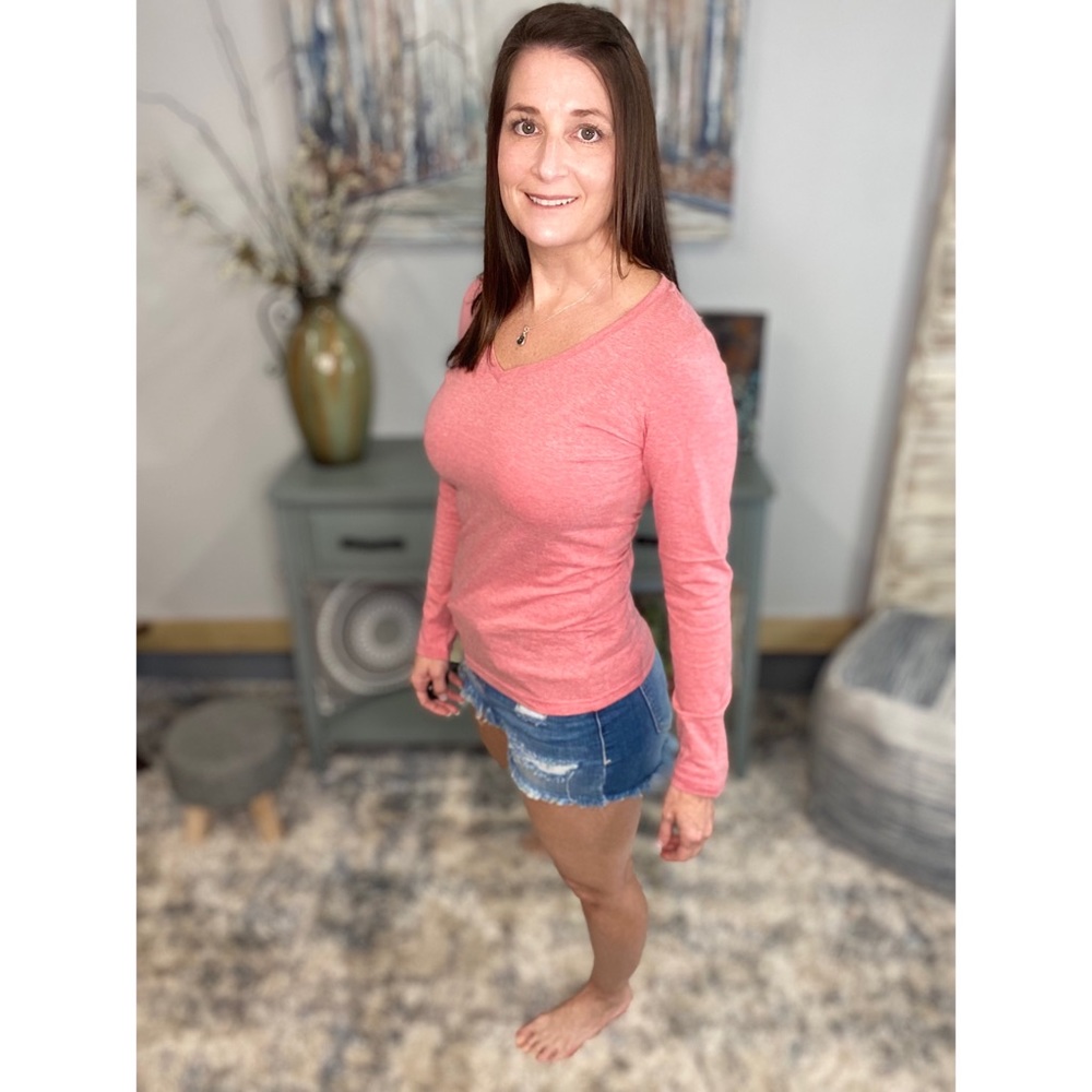 β€οΈβπ₯V-Neck Long Sleeve Basic Slimming Top Marbled Red 1222 - Picture 6 of 12